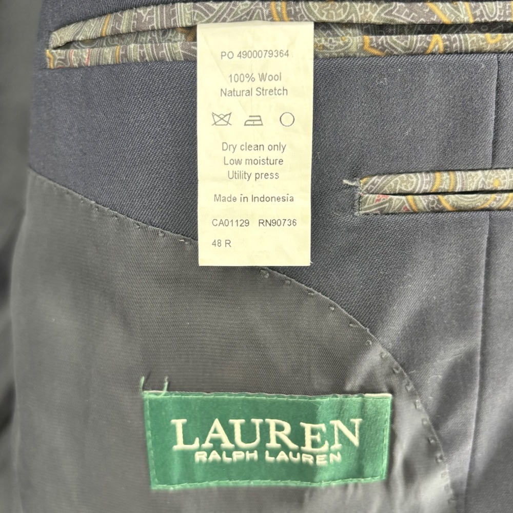 Lauren Ralph Lauren Mens 48R Dark Navy Blue 100% Wool Natural Stretch Blazer - Picture 9 of 16